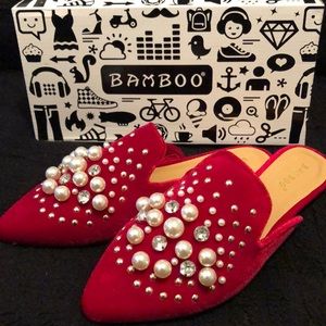 BAMBOO Shoes - Tibetan Red Velvet Embellished Loafer Slippers BAMBOO Shoes - Tibetan Red Velvet Embellished Loafer Slippers
